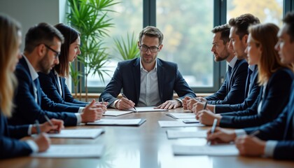 Business people in formal suits review workplace safety policies at meeting. Managers, employees engage in thorough safety policy review. Team members actively read, sign documents. Workplace safety