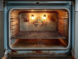 Obraz premium The oven interior is dirty with food stains and dust, which can be seen from behind the open door. 