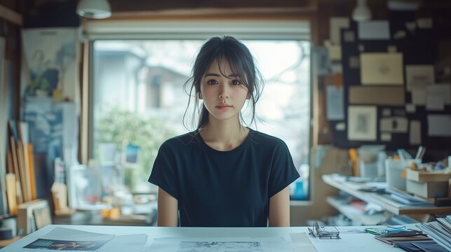 Young woman sitting at a table in a creative studio. She looks straight into the camera with a concentrated and slightly pensive expression on her face.