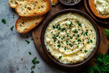 A bowl of creamy white sauce with bread on a wooden board