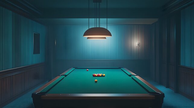 A dimly lit room features a pool table with balls