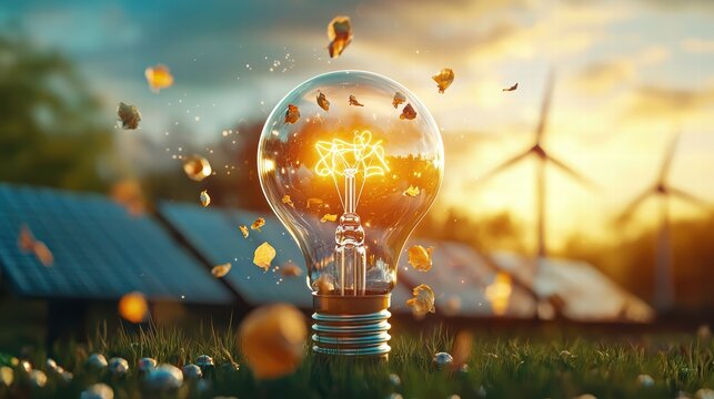 A light bulb surrounded by solar panels and wind turbines, symbolizing the future of net zero energy solutions.