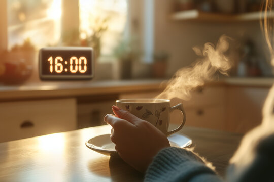 A person holding a steaming cup of herbal tea at a table with a digital clock reading "16:00" in a bright and warm kitchen setting_2
