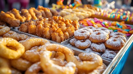 A carnival-style tray filled with fried treats like funnel cake deep-fried candy bars and mini donuts dusted with powdered sugar.