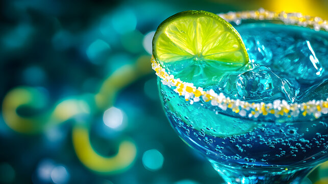A vivid margarita abstraction with swirling turquoise liquid floating salt crystals and lime zest glowing in motion.