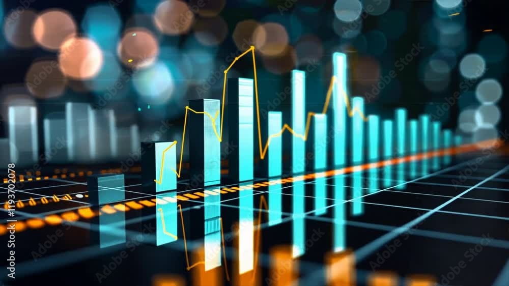 Poster visual representation of financial data analyzing trends with colorful bar graphs and line charts in