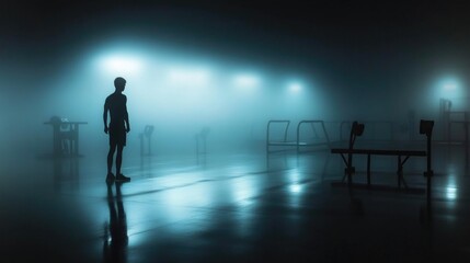 Male silhouette in foggy indoor gym environment with blue lighting reflections