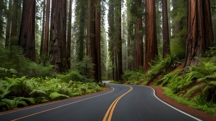 Fototapeta premium Winding road surrounded by towering redwood trees in a lush green forest
