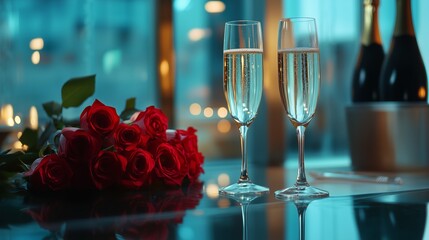Two glasses of champagne standing on a glass table. Nearby lies a bouquet of red roses. Candles and bottles of champagne are visible in the background