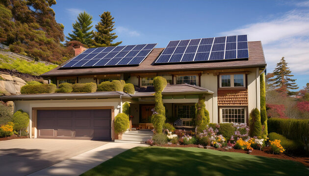 An upscale home with solar panels on the roof with a paved walkway to the entrance shrubs around and trees in the background