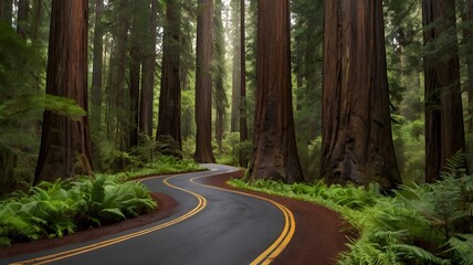 Obraz premium Winding road surrounded by towering redwood trees in a lush green forest