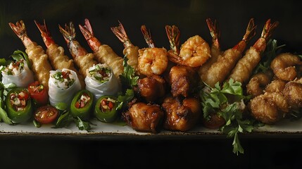 A chefs special fried platter featuring duck spring rolls tempura prawns and stuffed jalape&ntilde;os arranged with artistic flair.