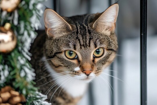 Tabby cat with curious expression near festive greenery - Powered by Adobe