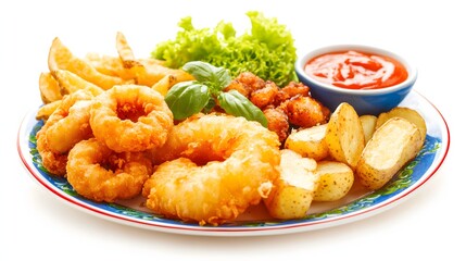 A colorful plate of fried delicacies including battered fish calamari rings and crispy potato wedges.