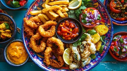 A colorful plate of fried delicacies including battered fish calamari rings and crispy potato wedges.