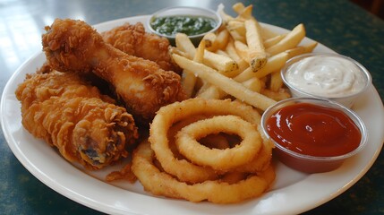 A cozy diner-style plate with fried classics like chicken drumsticks onion rings and thick-cut fries served with ketchup and mayo.