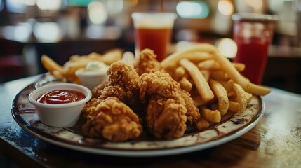 A cozy diner-style plate with fried classics like chicken drumsticks onion rings and thick-cut fries served with ketchup and mayo.