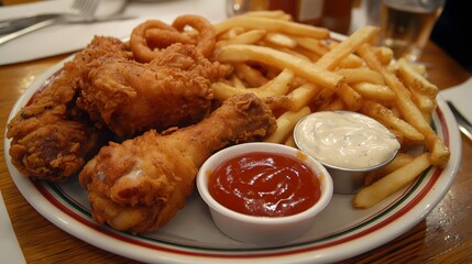 A cozy diner-style plate with fried classics like chicken drumsticks onion rings and thick-cut fries served with ketchup and mayo.