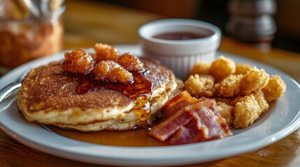 A cozy plate of fried breakfast delights including deep-fried pancakes crispy bacon strips and battered hash browns topped with maple syrup.