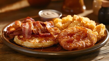A cozy plate of fried breakfast delights including deep-fried pancakes crispy bacon strips and battered hash browns topped with maple syrup.