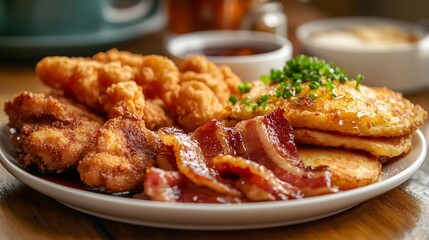 A cozy plate of fried breakfast delights including deep-fried pancakes crispy bacon strips and battered hash browns topped with maple syrup.