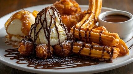 A decadent fried dessert platter with churros beignets and deep-fried ice cream drizzled with chocolate and caramel sauces.