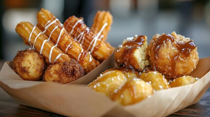 A decadent fried dessert selection featuring apple fritters churros and deep-fried cheesecake topped with caramel drizzle.