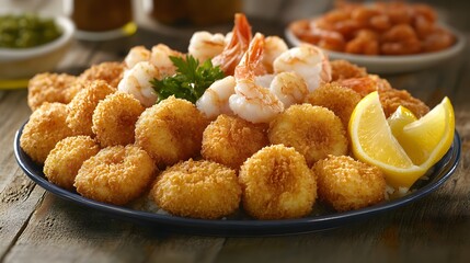 A decadent platter of fried seafood including breaded shrimp fish fillets and scallops garnished with lemon wedges.