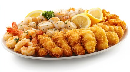 A decadent platter of fried seafood including breaded shrimp fish fillets and scallops garnished with lemon wedges.