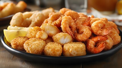 A decadent platter of fried seafood including breaded shrimp fish fillets and scallops garnished with lemon wedges.