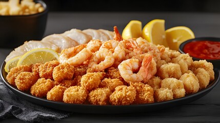 A decadent platter of fried seafood including breaded shrimp fish fillets and scallops garnished with lemon wedges.