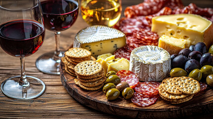 Artfully curated charcuterie board featuring cheese, crackers, olives, and wine presented on a rustic wooden table in soft ambient lighting