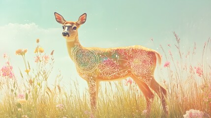 A deer standing in a meadow its body etched with floral mandalas and vine patterns that blend seamlessly with the surroundings.