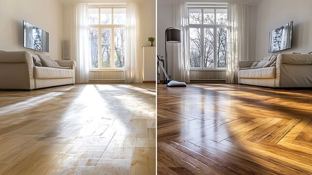 before and after cleaning concept - man cleaning wooden floor with mop in living room - copy space over parquet before and after cleaning concept - man cleaning wooden floor with mop in living room - 