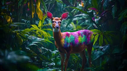 A deer standing in a tropical rainforest its body decorated with patterns of orchids vines and lush foliage.