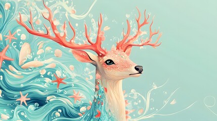 A deer with antlers resembling coral reefs adorned with patterns of seashells starfish and flowing ocean waves.