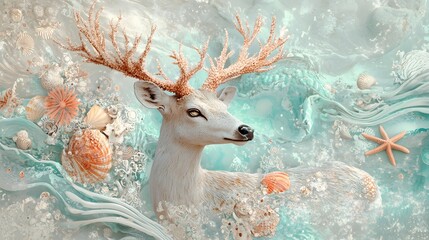 A deer with antlers resembling coral reefs adorned with patterns of seashells starfish and flowing ocean waves.