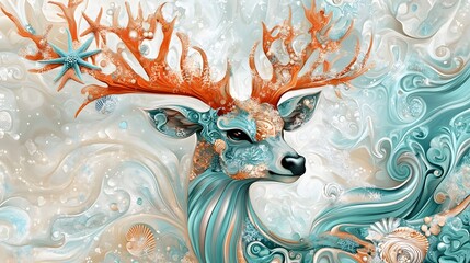 A deer with antlers resembling coral reefs adorned with patterns of seashells starfish and flowing ocean waves.