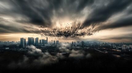 Obraz premium Dramatic urban skyline with surreal cloud formation over cityscape