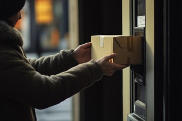 young a person receives a parcel at the post office.