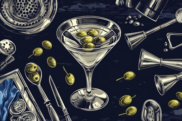 Classic martini with olives and bar tools