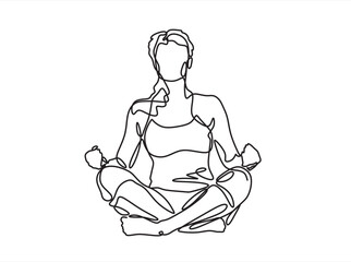 Woman sitting in lotus pose yoga. Continuous one line drawing. Vector illustration