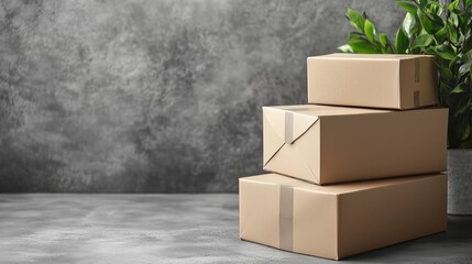 Three cardboard boxes neatly stacked on top of each other, on a gray background. Topics related to shipping, packaging, moving and eco-friendly solutions. Copy space.