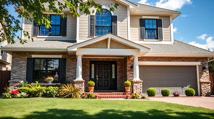 Luxury Family Home Exterior: Modern Brick House with Landscaping and Spacious Garden
