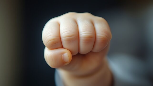 Close-up showing a baby's small clenched fist against a blurred background. Details of soft leather and delicate folds convey a sense of innocence and vulnerability.