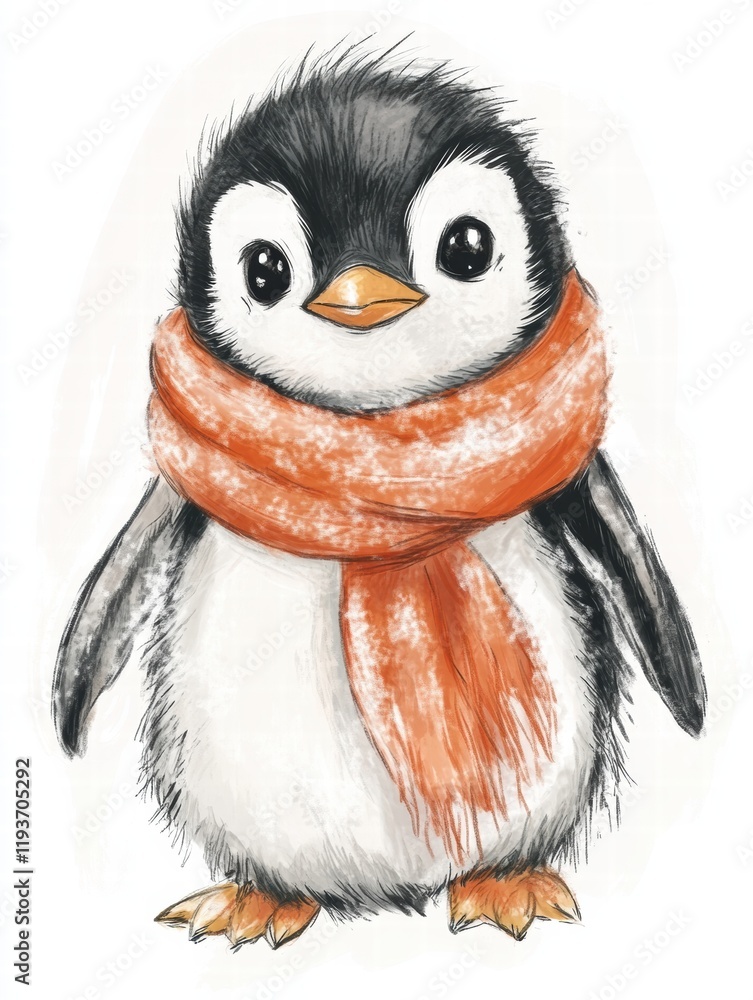 Aufkleber cute illustrated penguin wearing an orange scarf in a snowy environment with a cheerful expression o