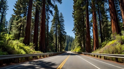 Peaceful scenic highway cutting through dense redwood trees under a clear blue sky

