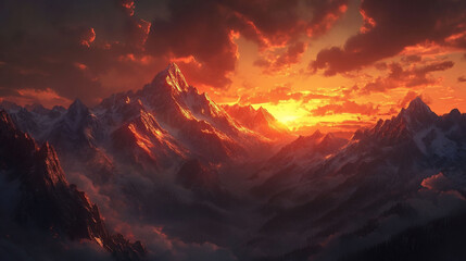 Fiery sunset over snow-capped mountains, cloudscape, landscape, nature, travel, background