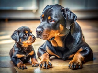 Obraz premium Rottweiler Mom and Puppy Playtime: Adorable Dog Photoshoot