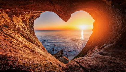 Heart shaped cave opening with sunset glow overlooking ocean